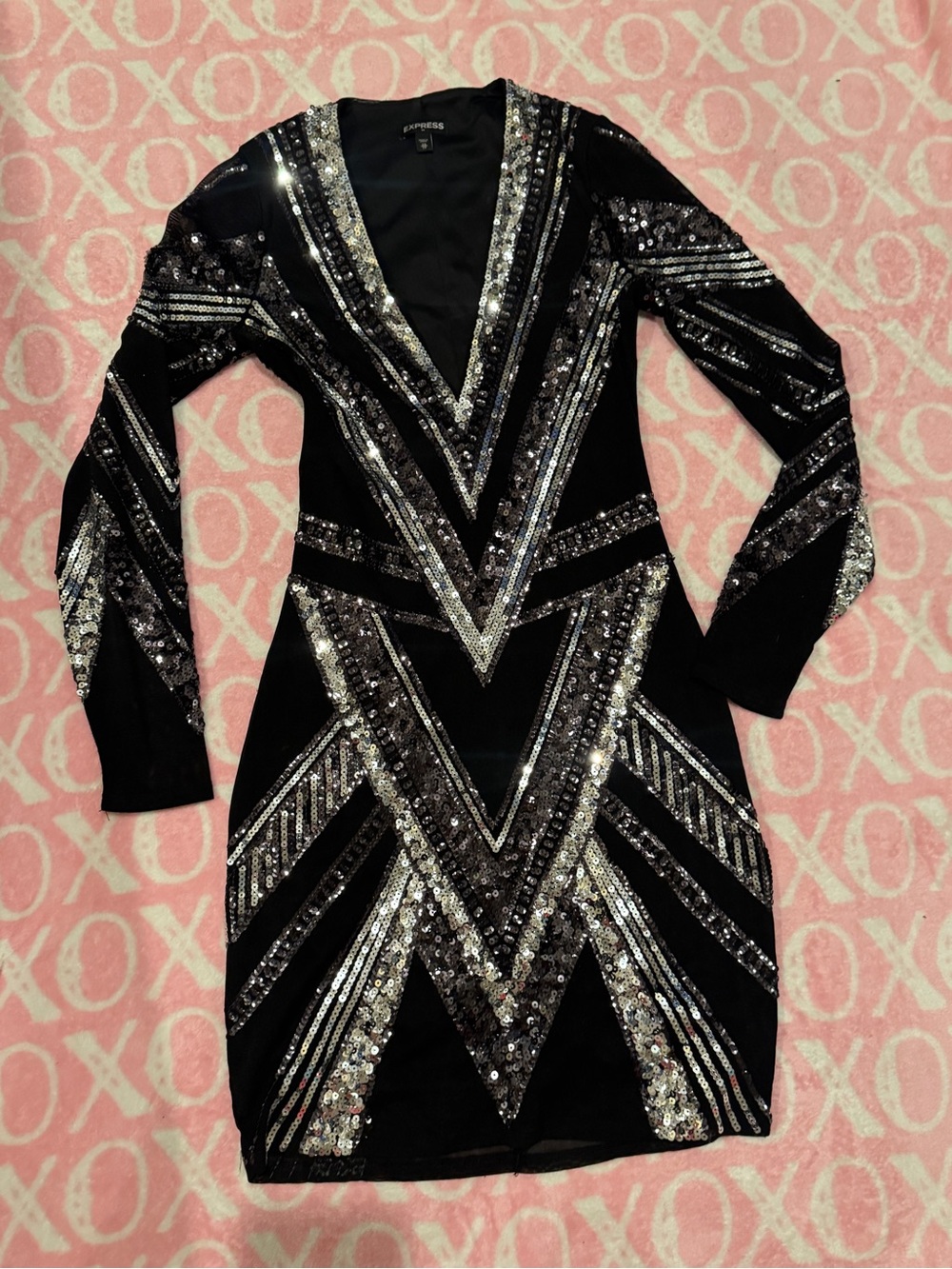 XS Express Sequin Long Sleeve Party Mini Dress Y2K